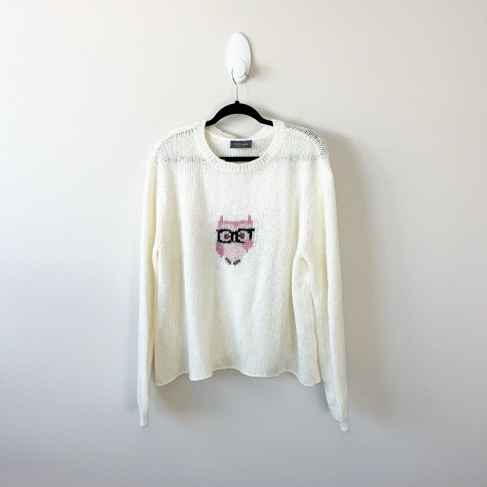 Wooden Ships Paola Buendia Owl Graphic Knit Sweater Cream Cozy Women's Size M/L